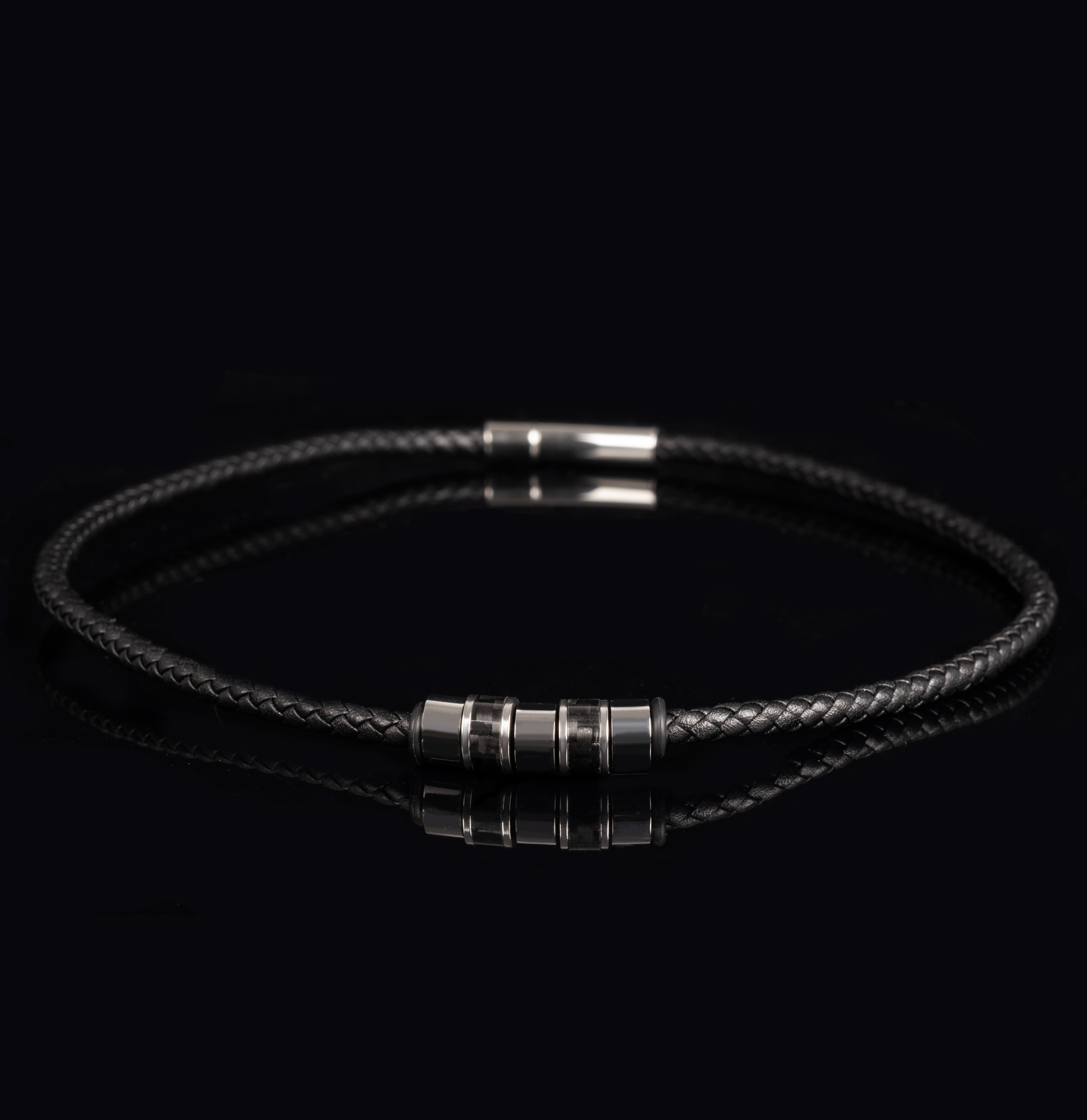 Herren Leder-Halskette – Schwarzes Leder & Edelstahl-Beads
