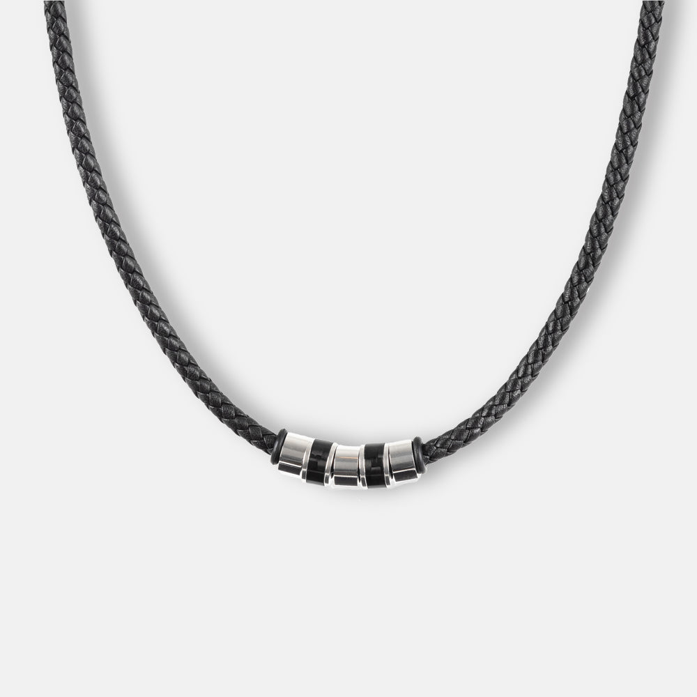 Herren Leder-Halskette – Schwarzes Leder & Edelstahl-Beads