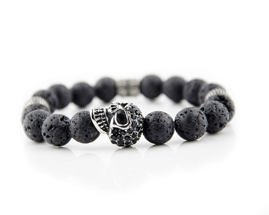 Perlenarmband Lava Steine mit Edelstahl Elementen und Zirconia Totenkopf