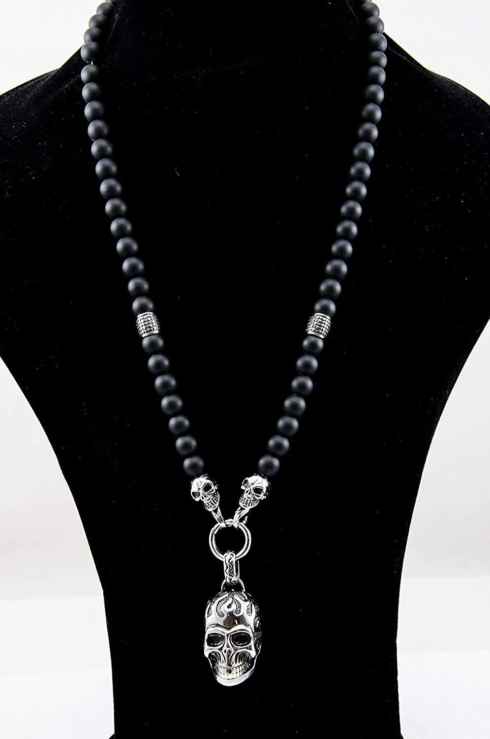 Perlenkette - 10mm Onyx Totenkopf Elemente