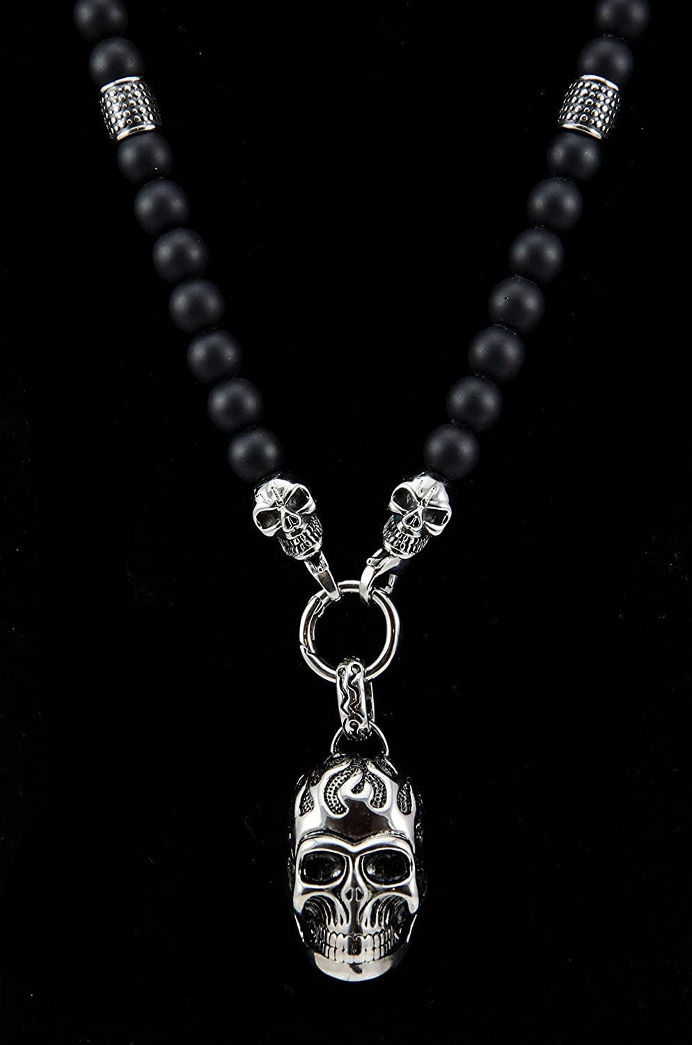 Perlenkette - 10mm Onyx Totenkopf Elemente