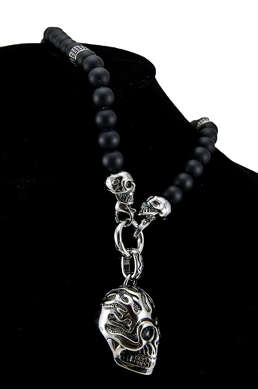 Perlenkette - 10mm Onyx Totenkopf Elemente