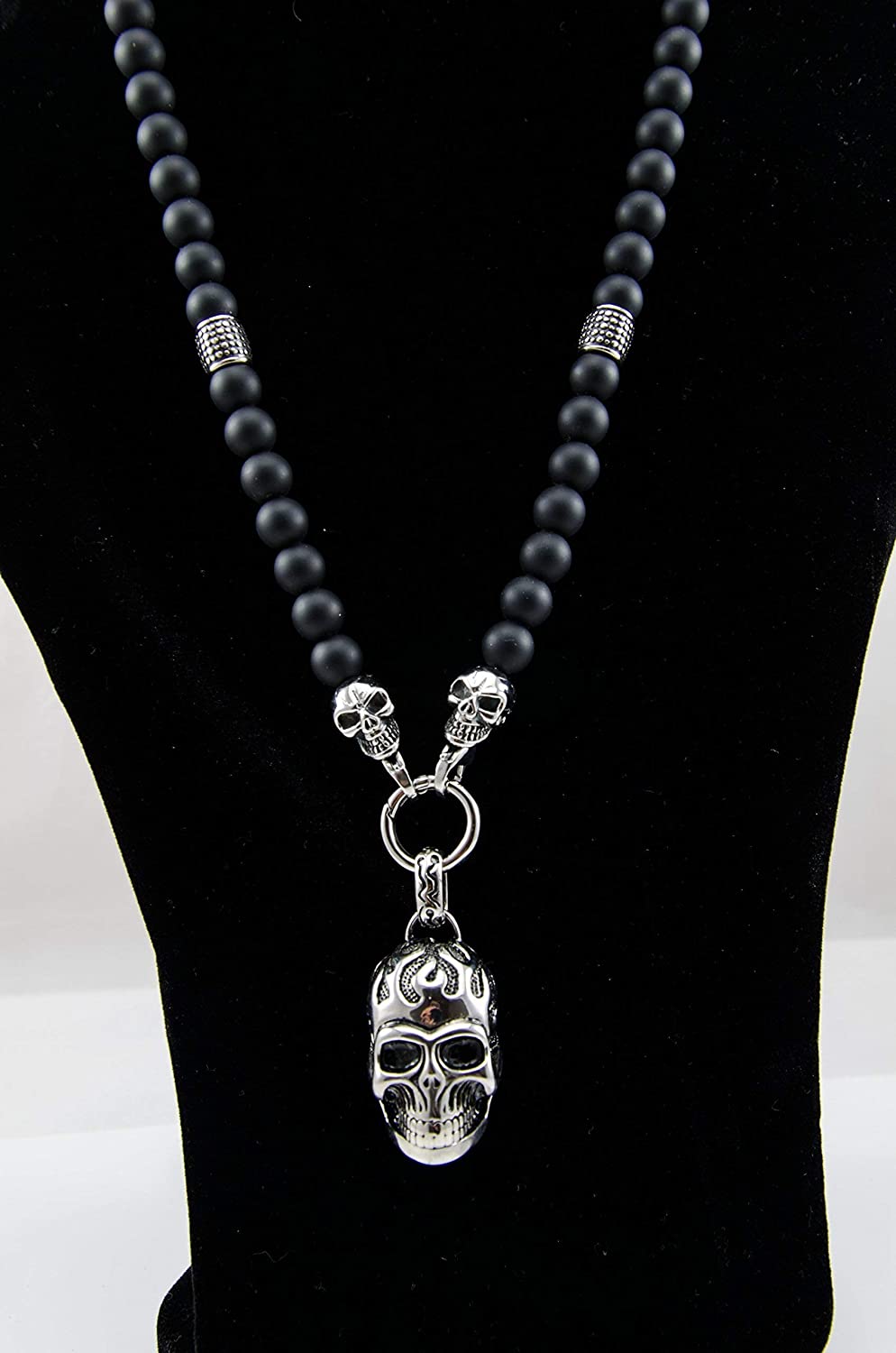 Perlenkette - 10mm Onyx Totenkopf Elemente
