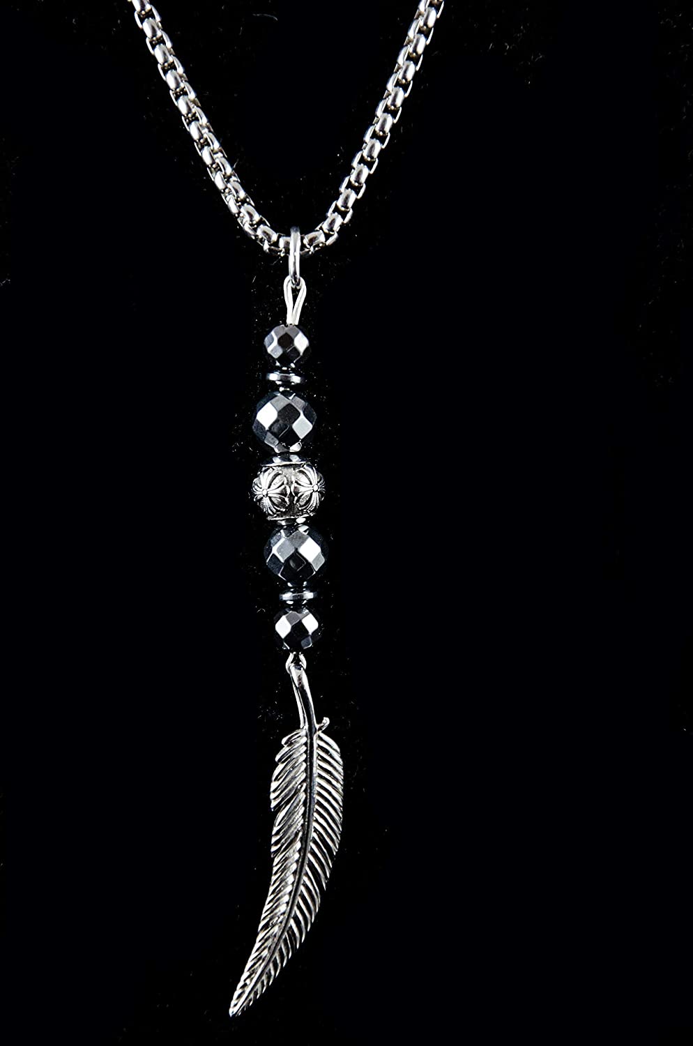 Edelstahlkette 3mm - Hämatit Stein und Feder Anhänger