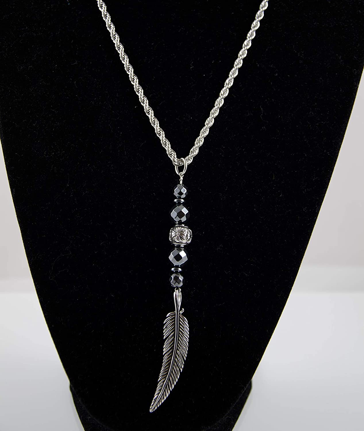 Edelstahlkette 3mm - Hämatit Stein und Feder Anhänger
