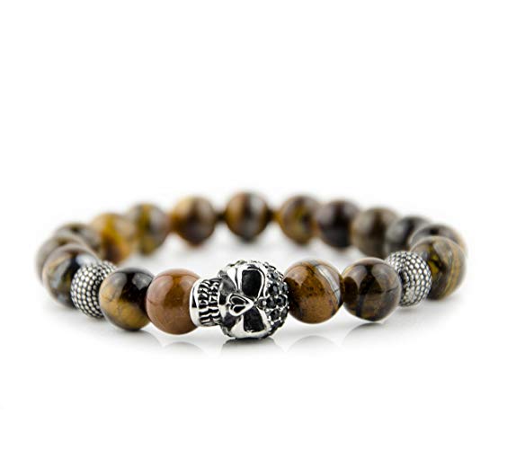 Perlenarmband Tigeraugen Steine mit Edelstahl Totenkopf und Beads