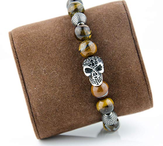 Perlenarmband Tigeraugen Steine mit Edelstahl Totenkopf und Beads