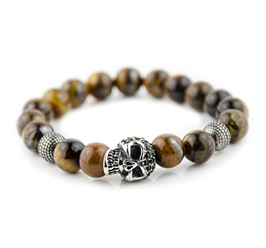 Perlenarmband Tigeraugen Steine mit Edelstahl Totenkopf und Beads