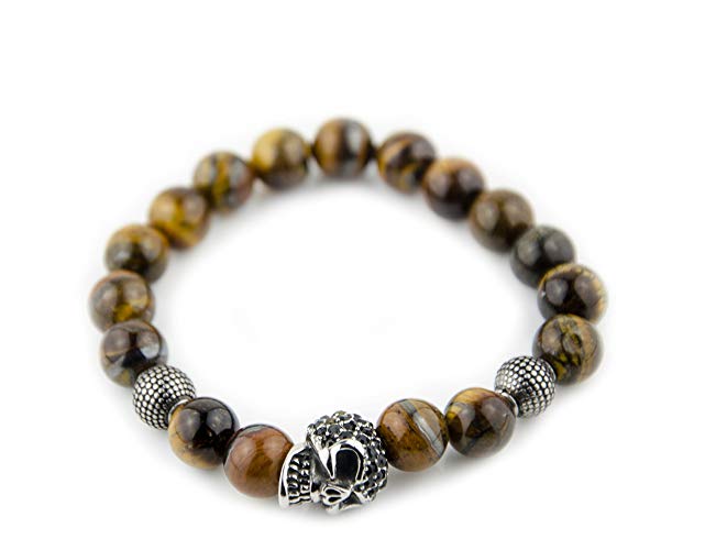 Perlenarmband Tigeraugen Steine mit Edelstahl Totenkopf und Beads