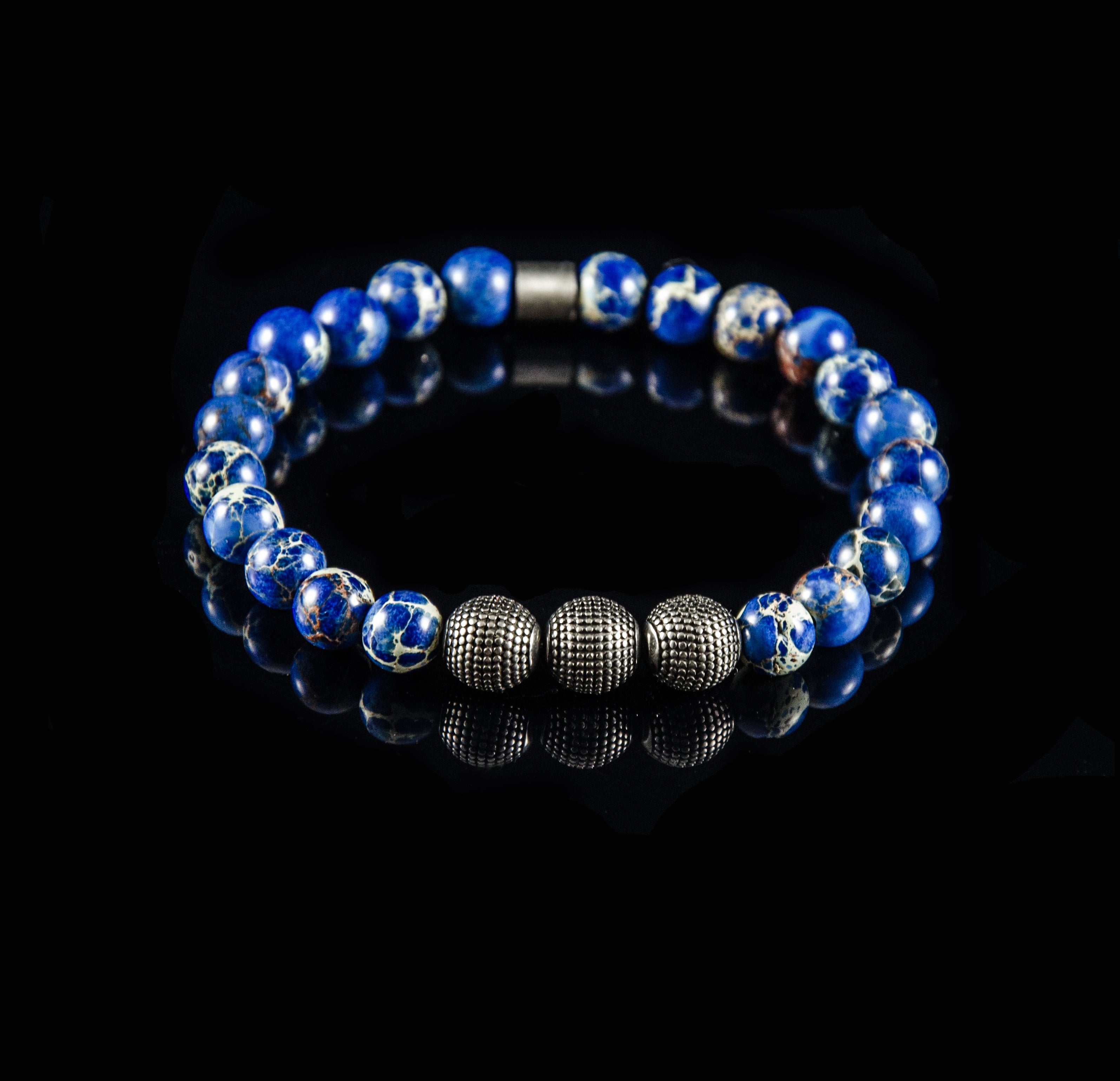 Perlenarmband Blue Jaspis mit Edelstahl Beads
