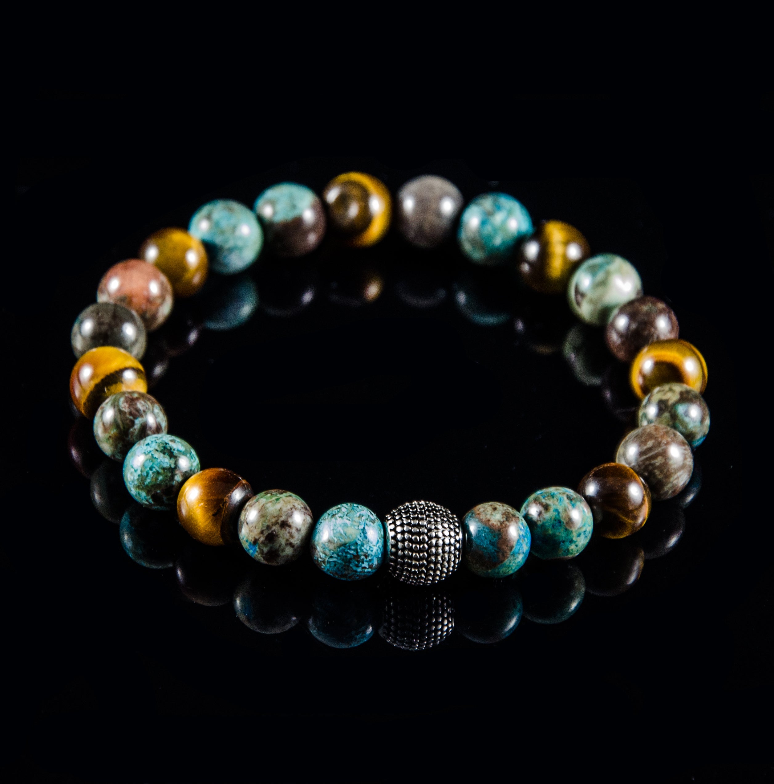 Perlenarmband Tigerauge und Ocean Agate mit Edelstahl Beads