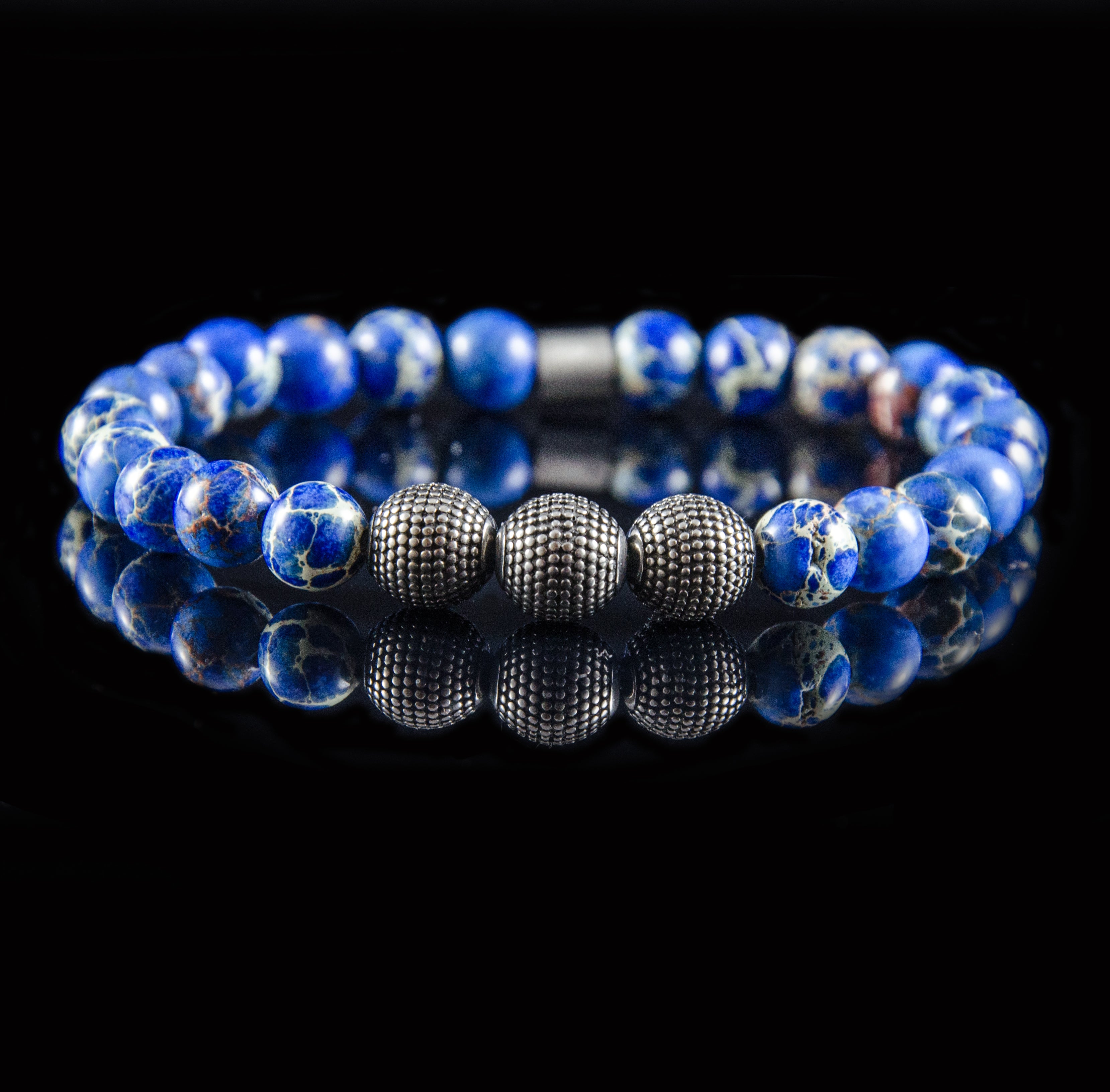 Perlenarmband Blue Jaspis mit Edelstahl Beads
