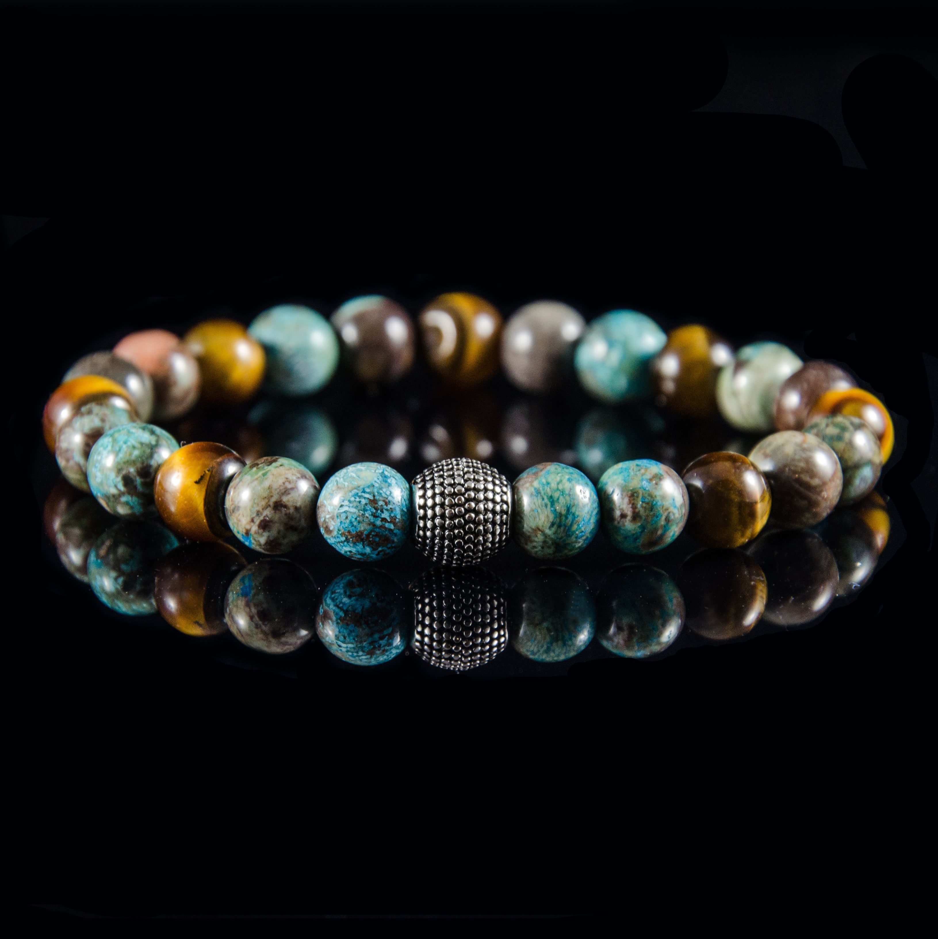 Perlenarmband Tigerauge und Ocean Agate mit Edelstahl Beads