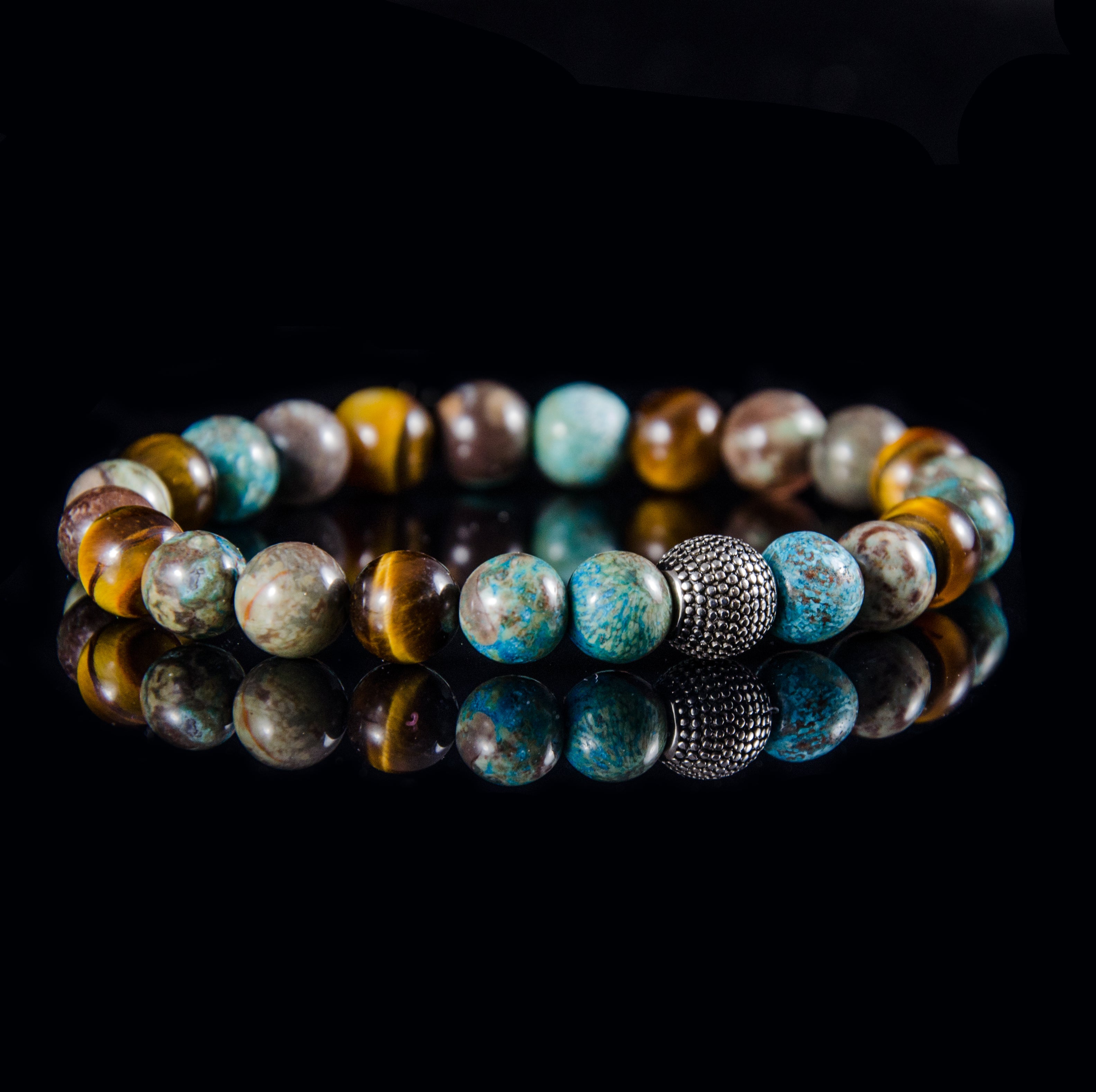 Perlenarmband Tigerauge und Ocean Agate mit Edelstahl Beads