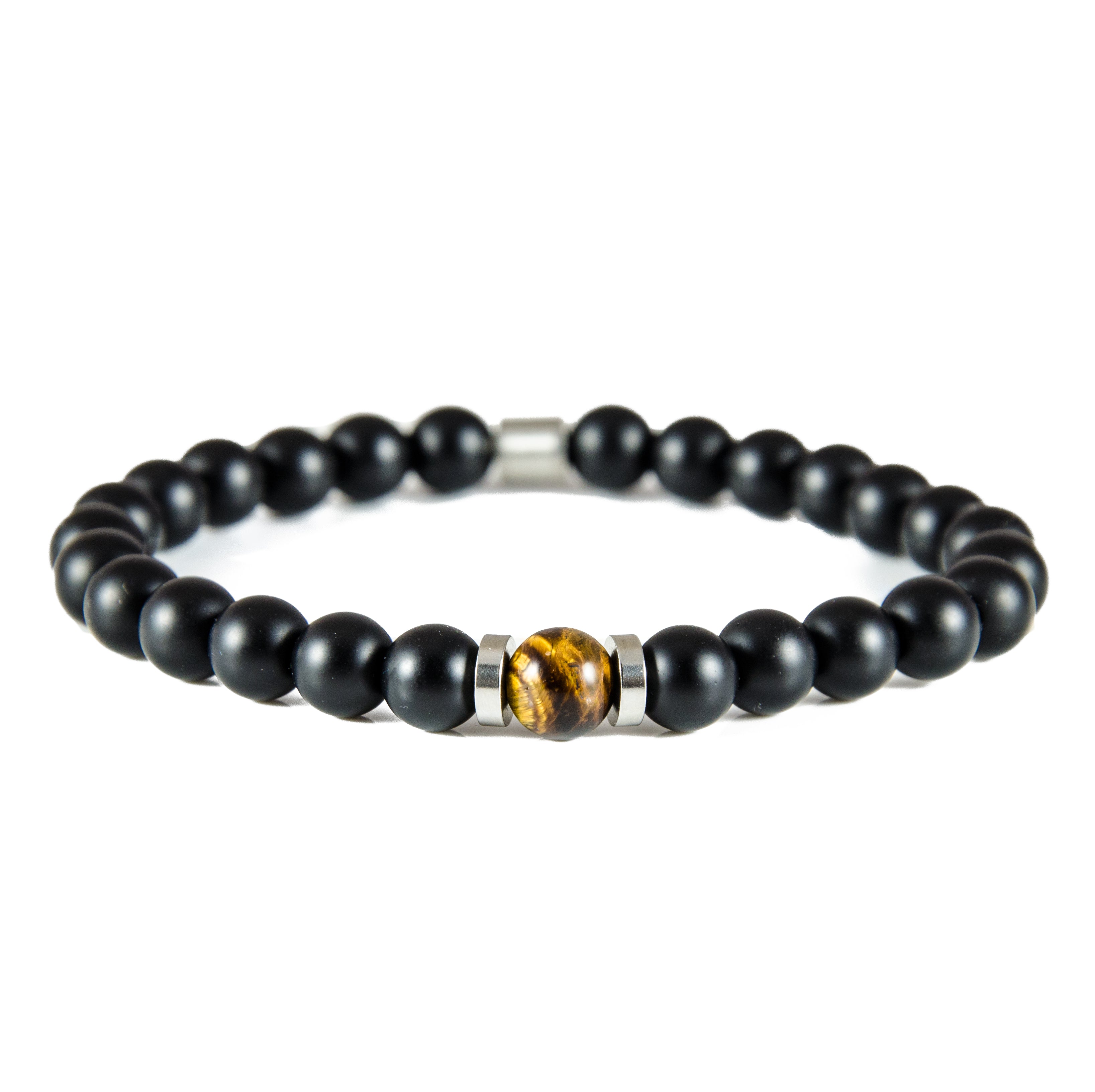 Perlenarmband Tigeraugen und Onyx Stein mit Edelstahl Element