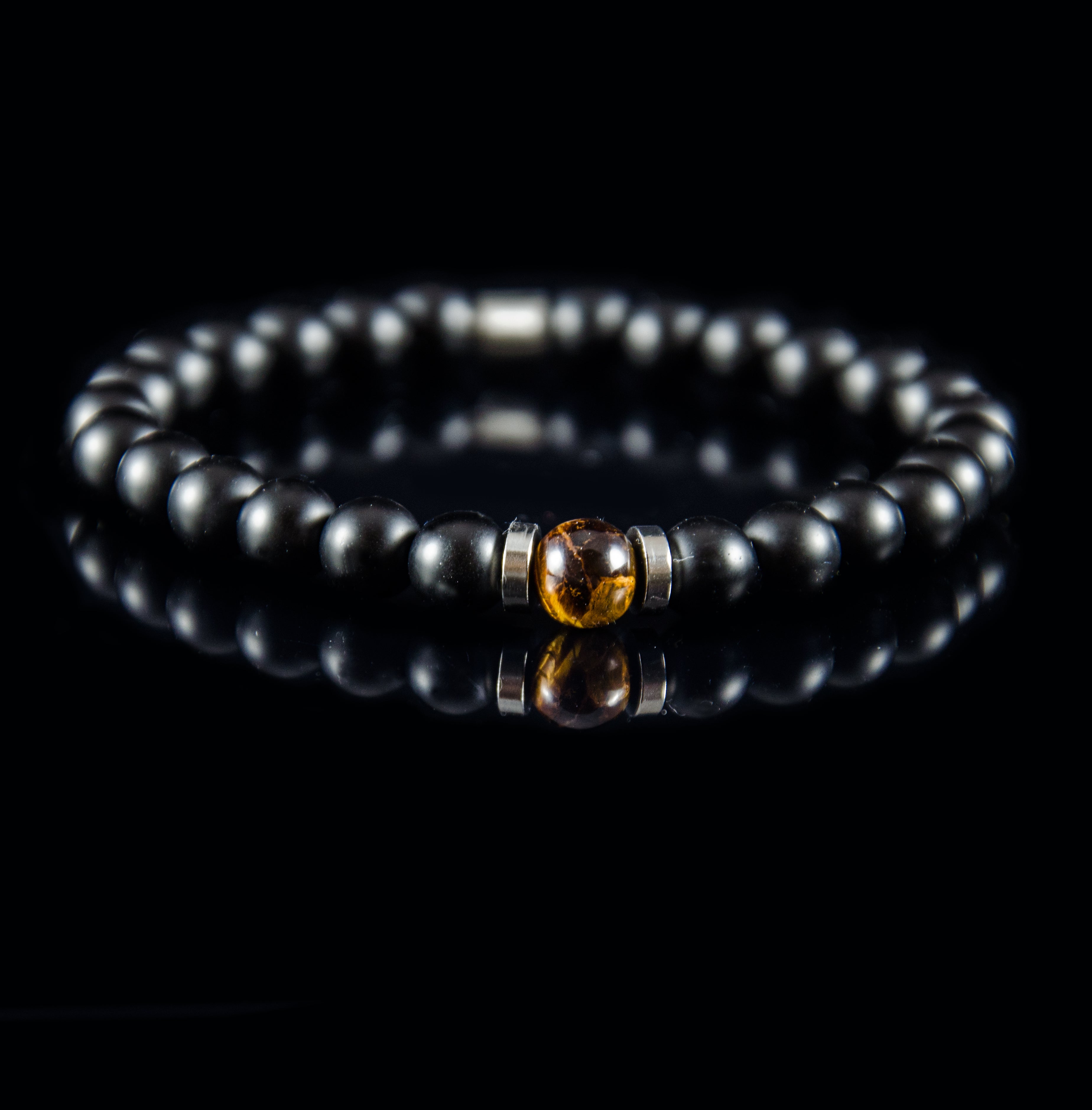 Perlenarmband Tigeraugen und Onyx Stein mit Edelstahl Element
