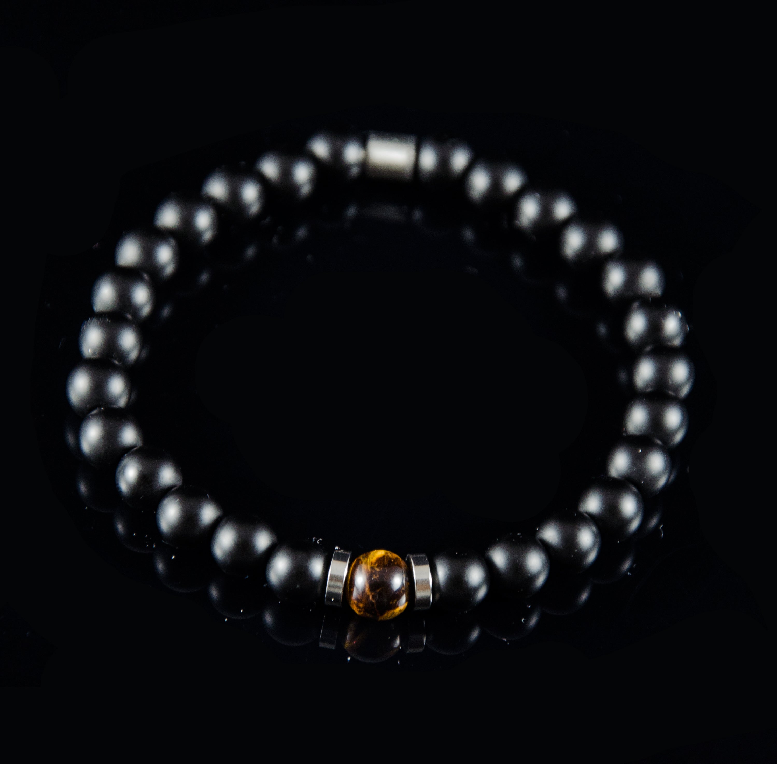 Perlenarmband Tigeraugen und Onyx Stein mit Edelstahl Element