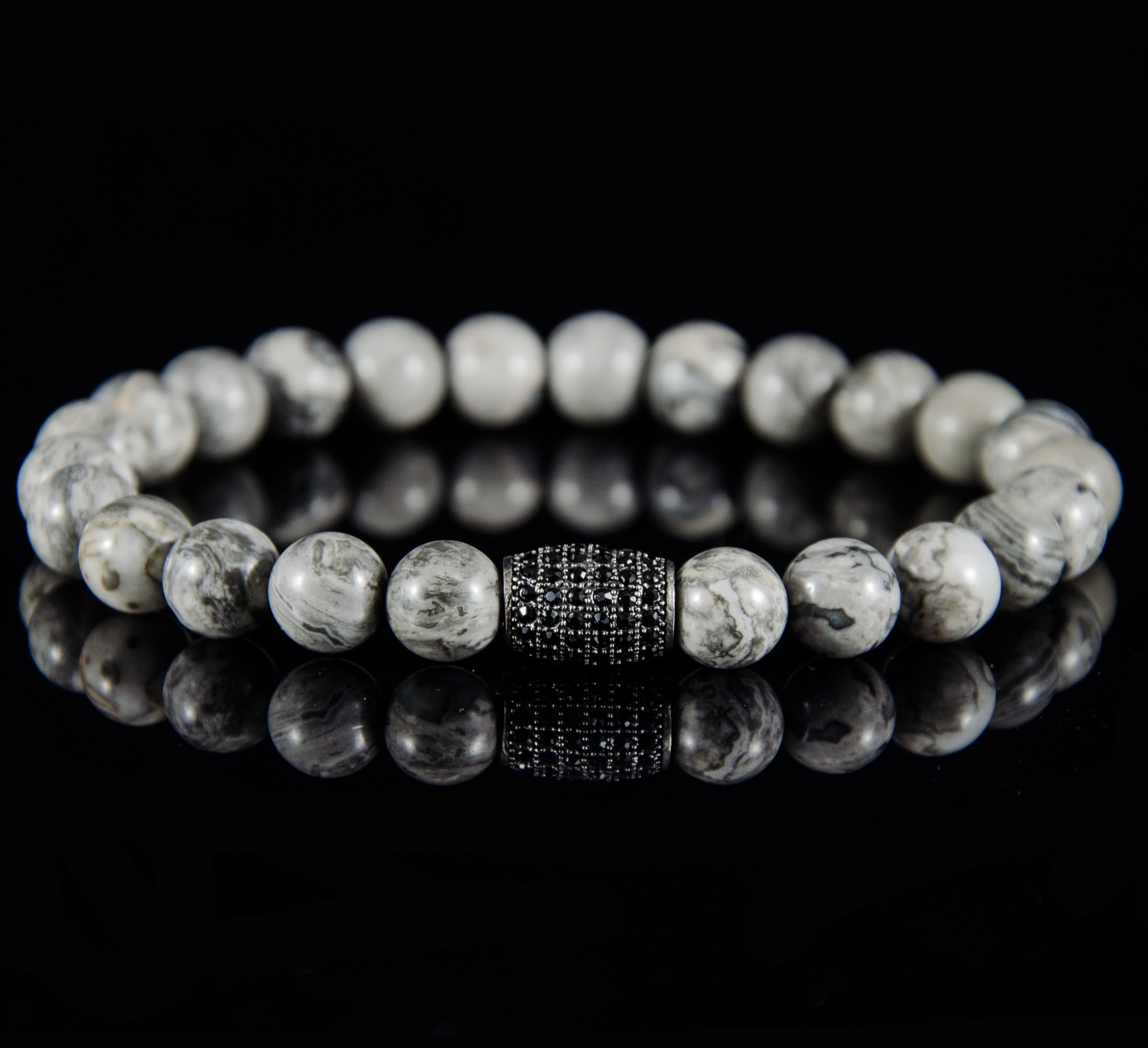 Perlenarmband Natural Landscape Jaspis mit Zirconia und Edelstahl Element