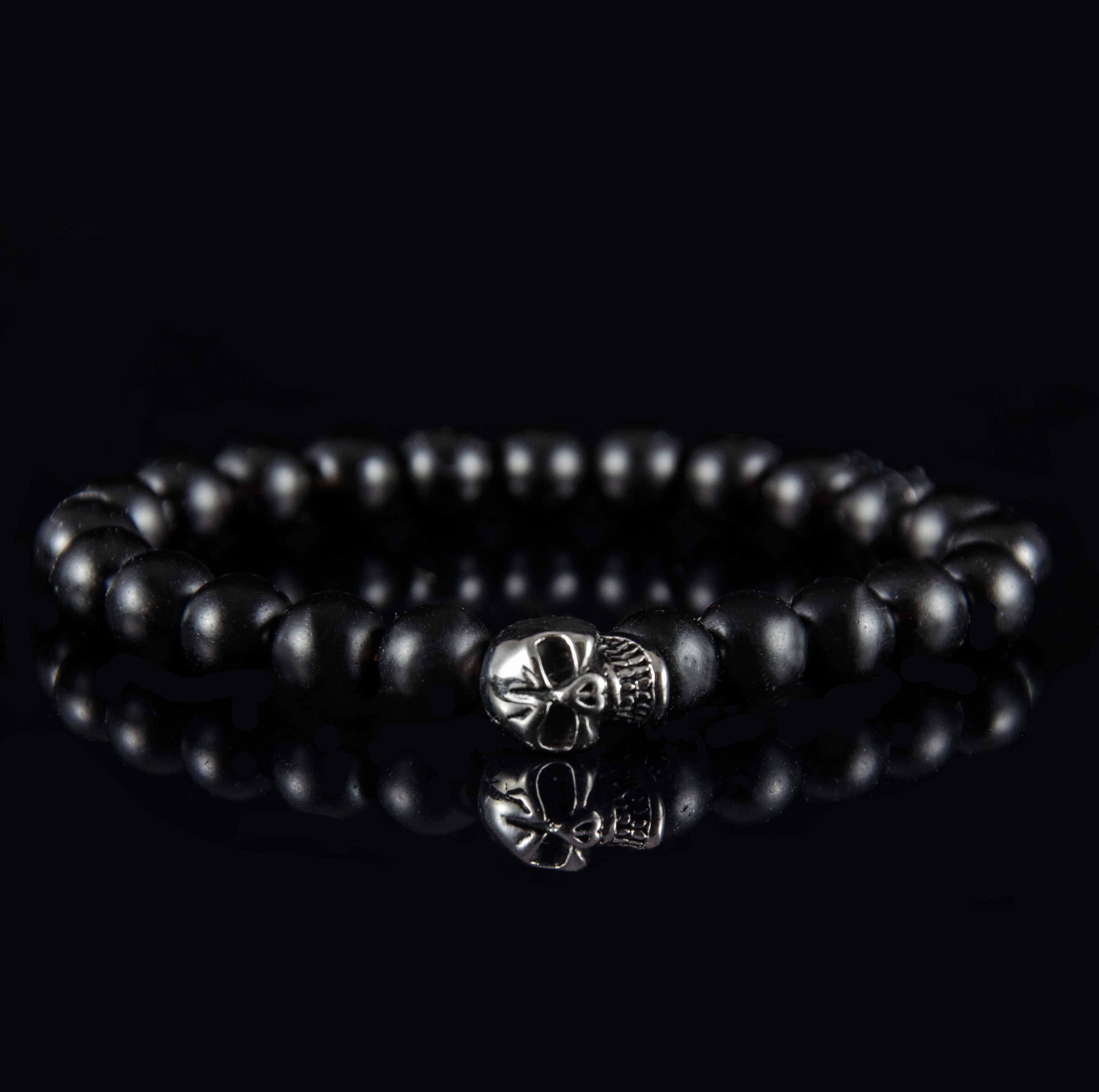 Perlenarmband Onyx Stein mit Edelstahl Totenkopf Element