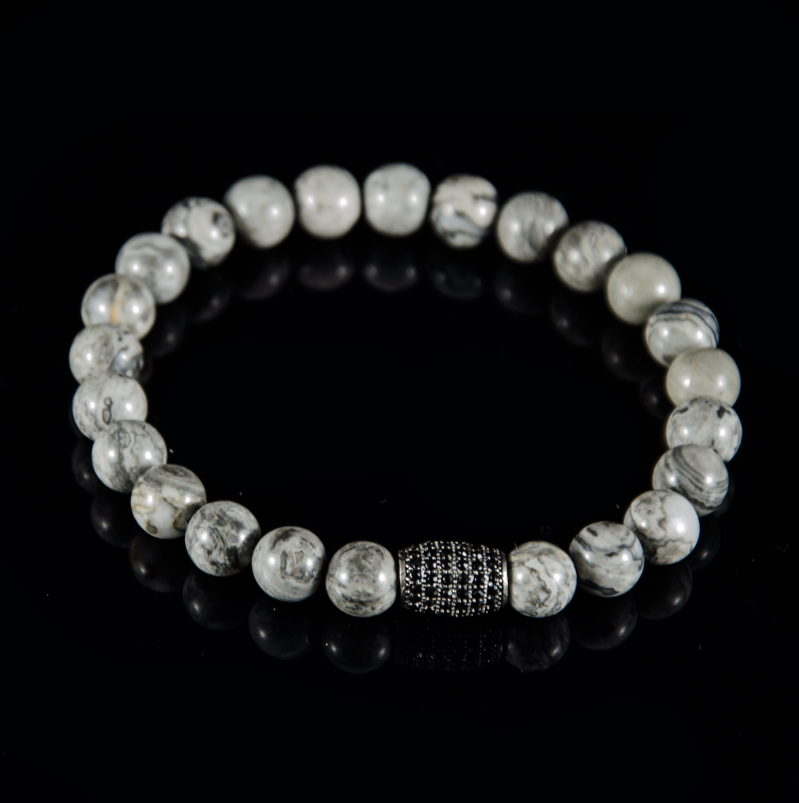 Perlenarmband Natural Landscape Jaspis mit Zirconia und Edelstahl Element