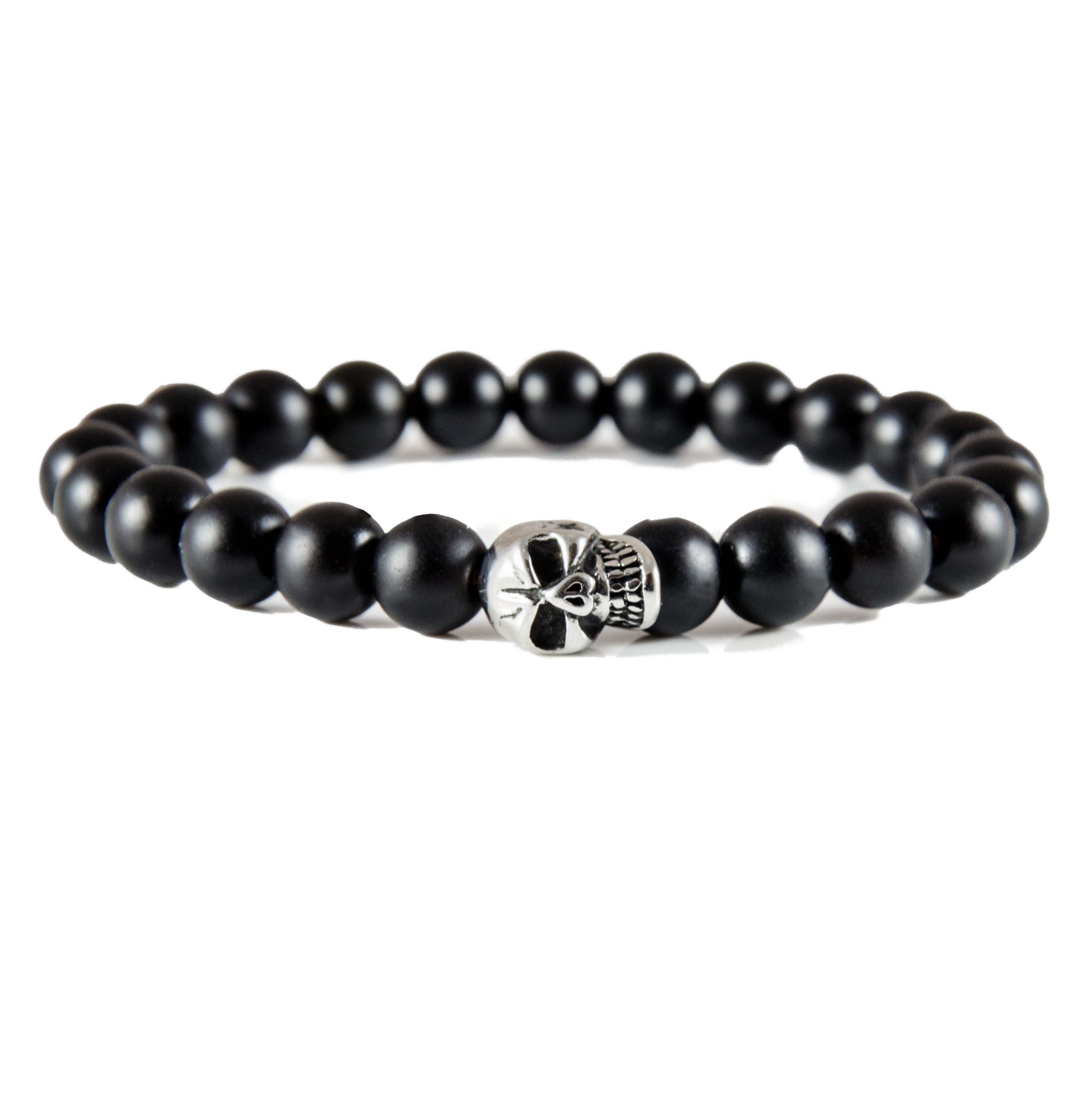 Perlenarmband Onyx Stein mit Edelstahl Totenkopf Element
