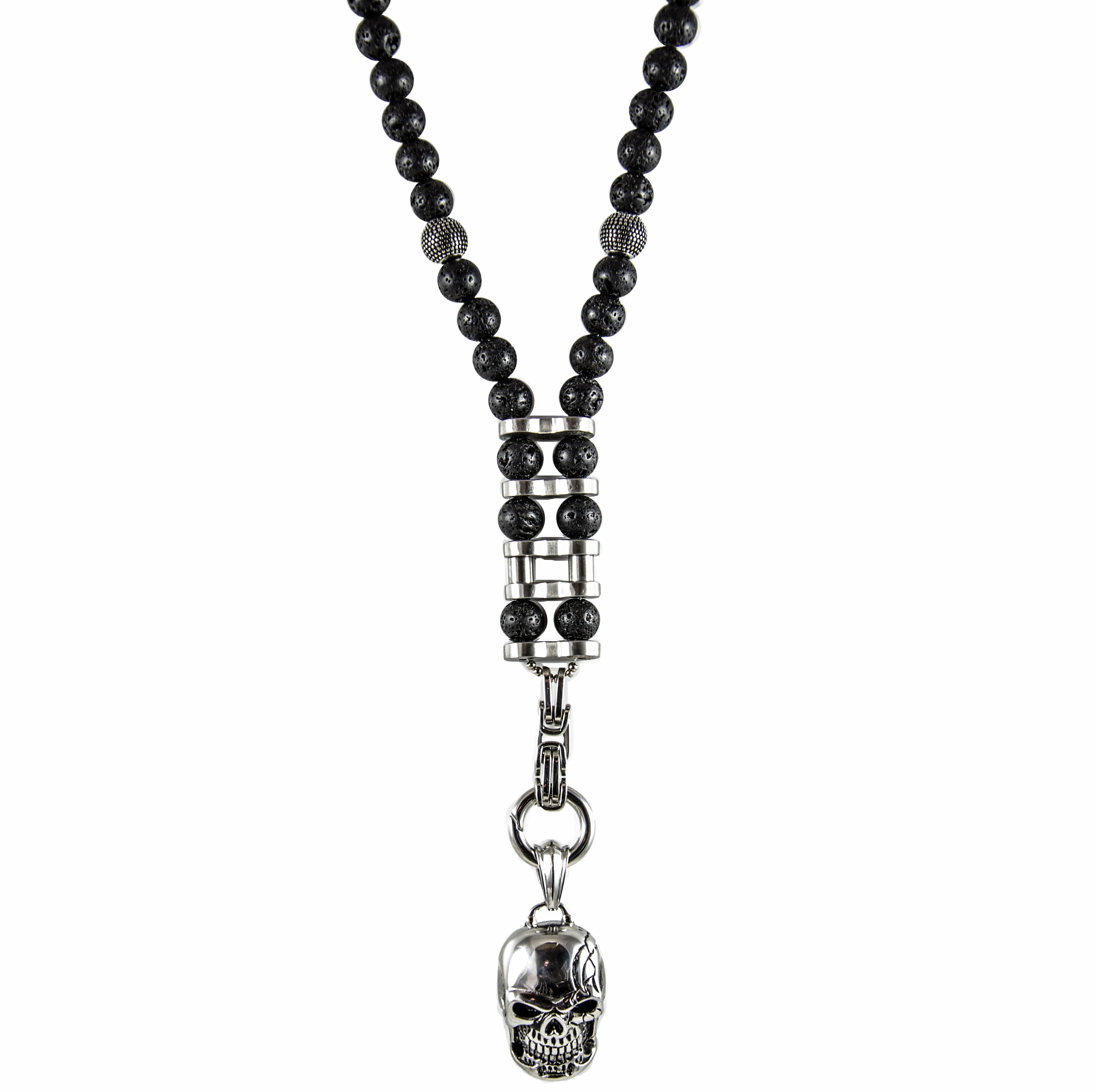 Y-Perlenkette mit Lava Steinen und Edelstahl Biker-Look
