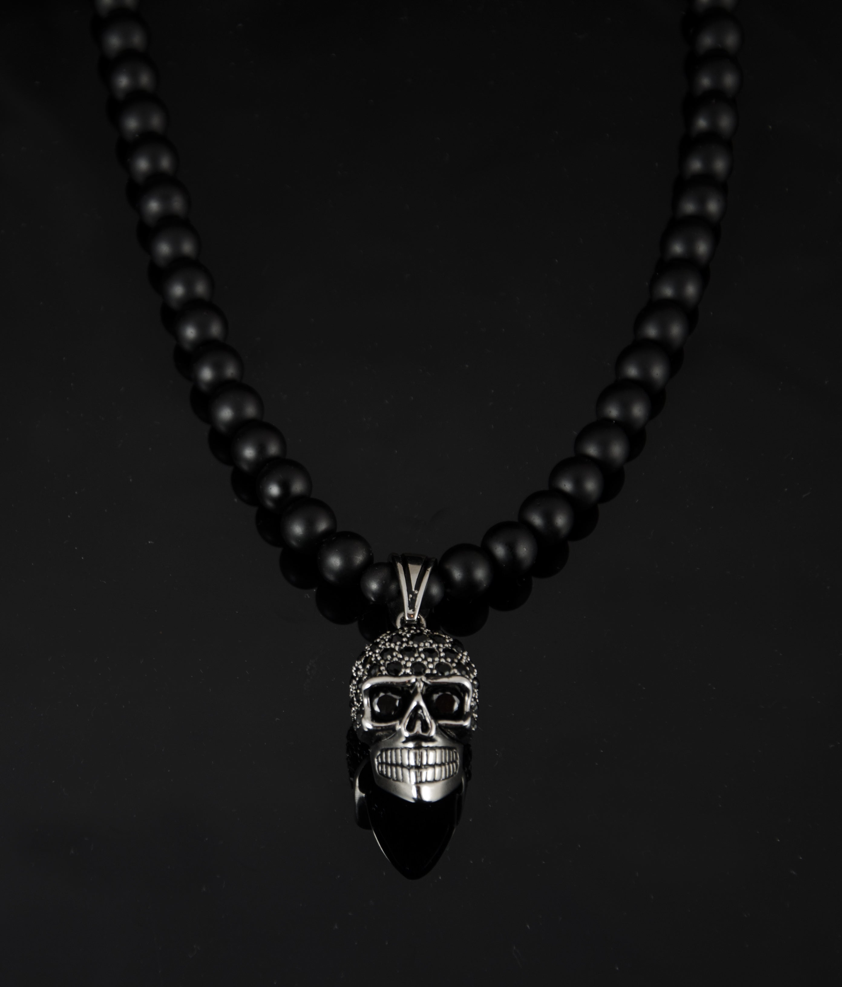 Perlenkette Onyx Steine mit Edelstahl Zirconia Totenkopf