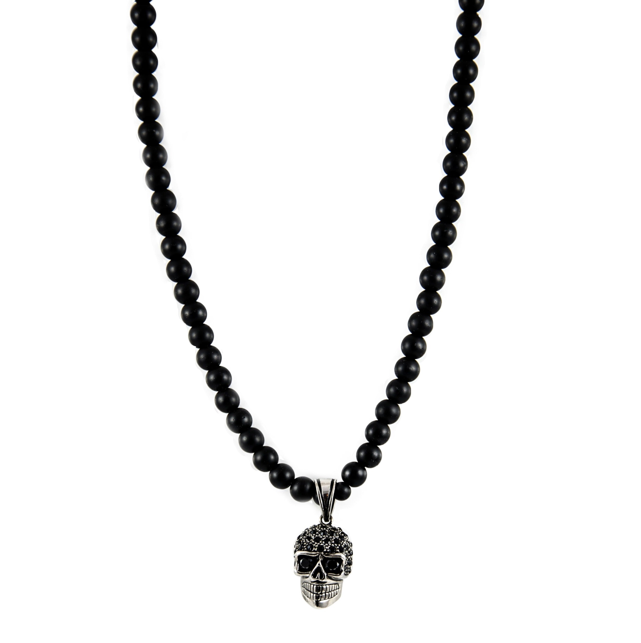 Perlenkette Onyx Steine mit Edelstahl Zirconia Totenkopf