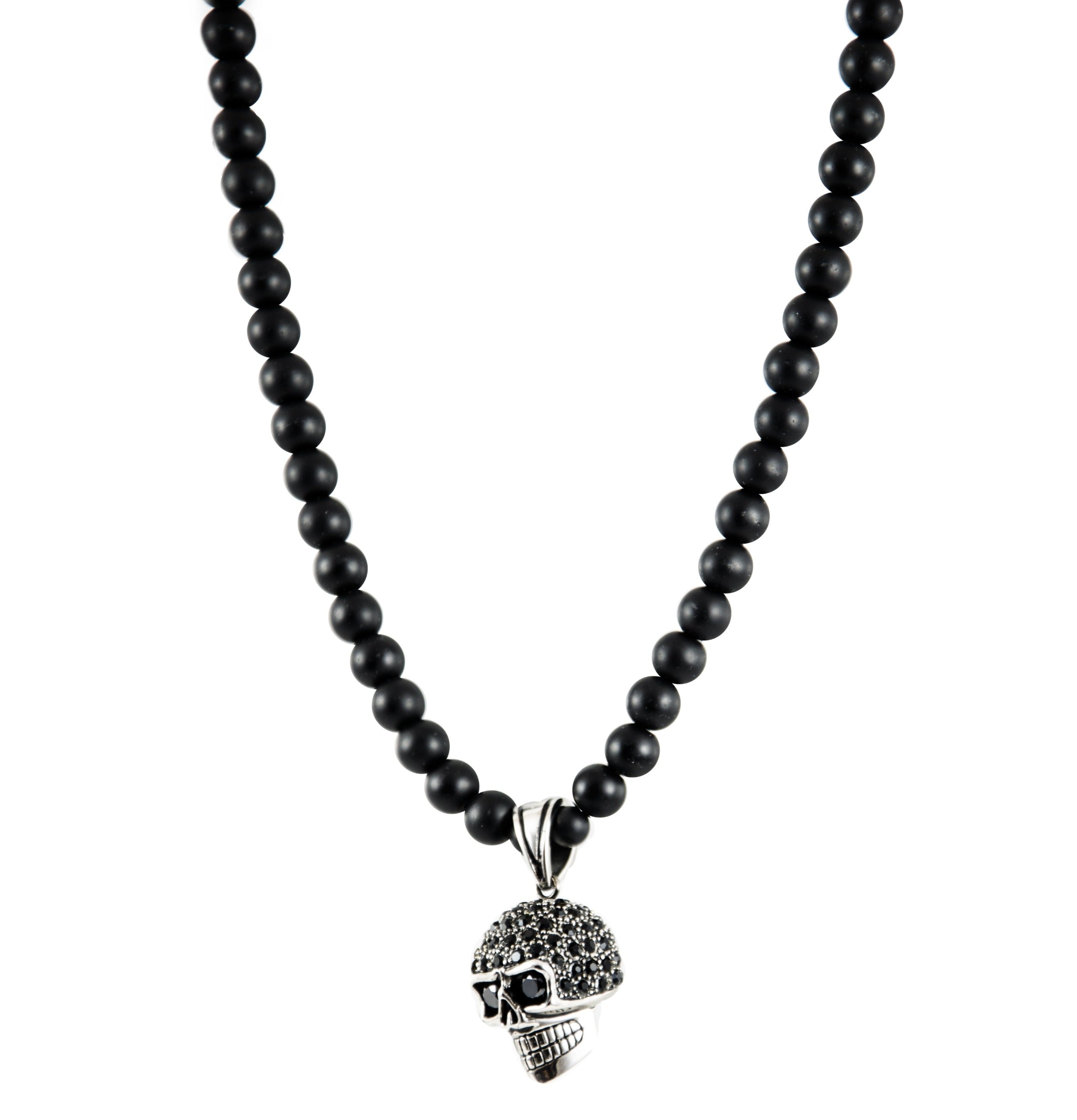 Perlenkette Onyx Steine mit Edelstahl Zirconia Totenkopf