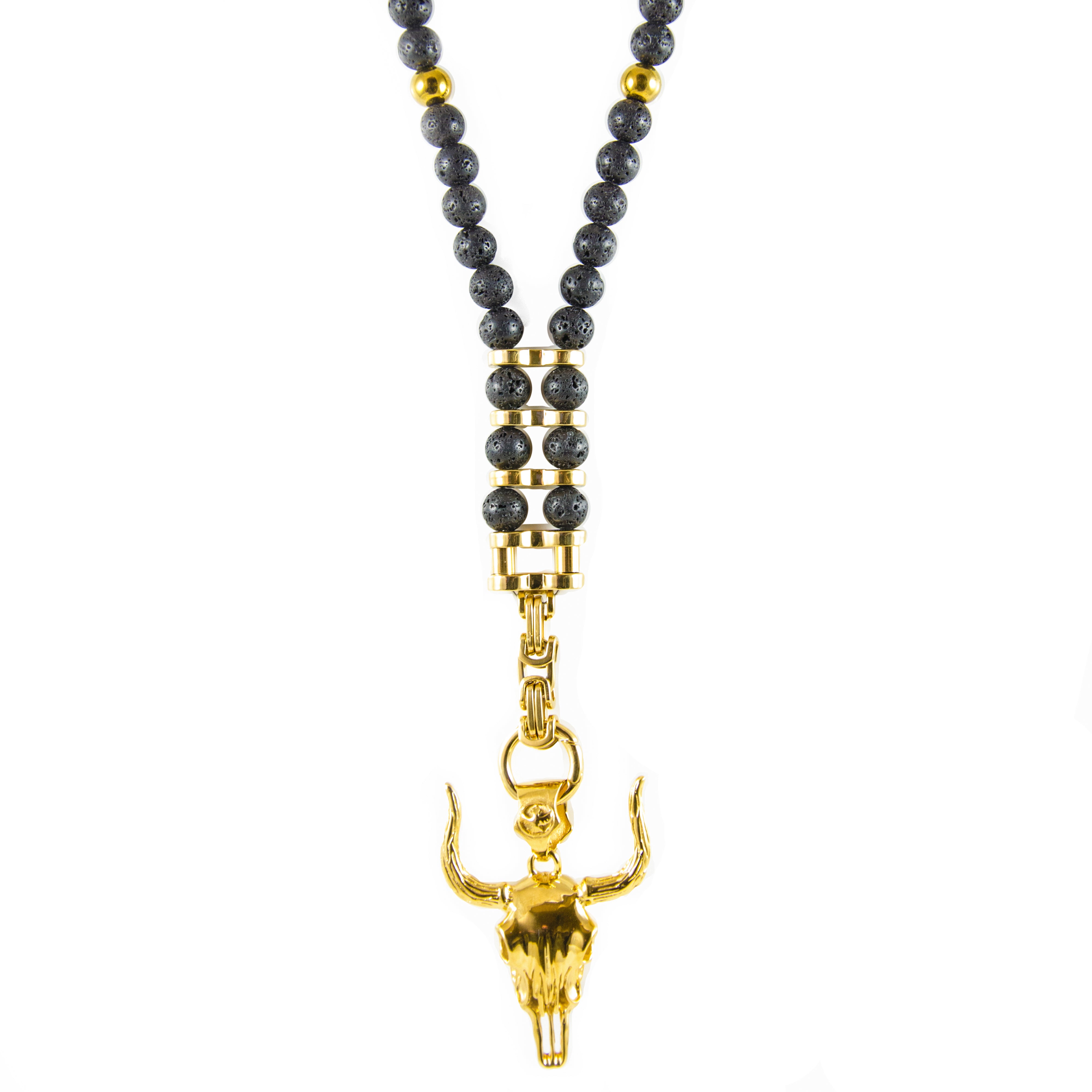 Y-Perlenkette mit Lava Steinen und goldenem Edelstahl Biker-Look