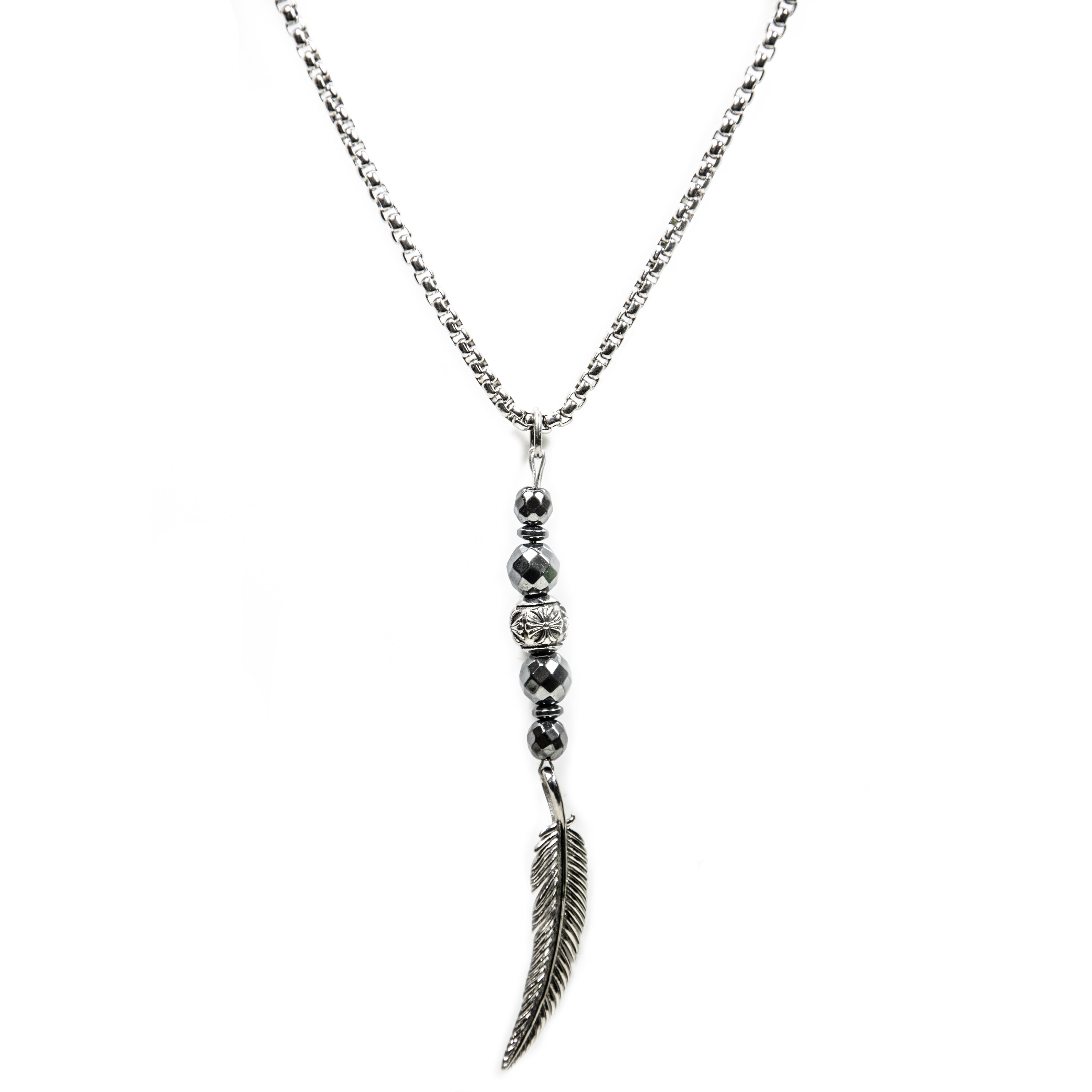 Edelstahlkette 3mm - Hämatit Stein und Feder Anhänger
