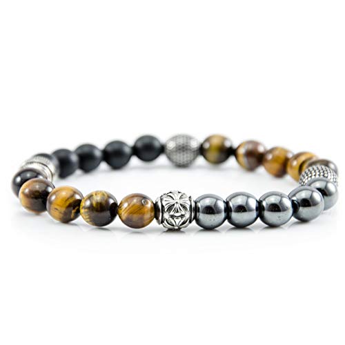 Perlenarmband Tigeraugen Onyx und Hämatit Steine mit Edelstahl Beads