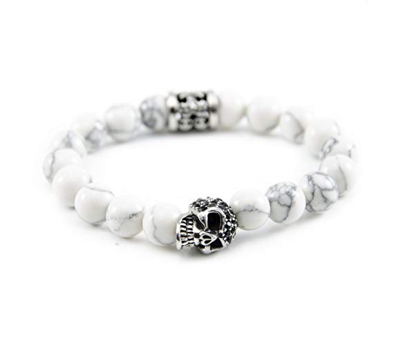 Perlenarmband Weiße Howlith Steine mit Edelstahl Totenkopf und Elemente