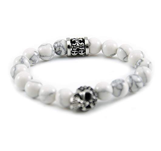 Perlenarmband Weiße Howlith Steine mit Edelstahl Totenkopf und Elemente