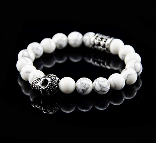 Perlenarmband Weiße Howlith Steine mit Edelstahl Totenkopf und Elemente