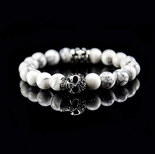 Perlenarmband Weiße Howlith Steine mit Edelstahl Totenkopf und Elemente