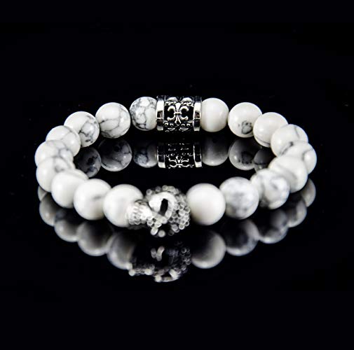 Perlenarmband Weiße Howlith Steine mit Edelstahl Totenkopf und Elemente