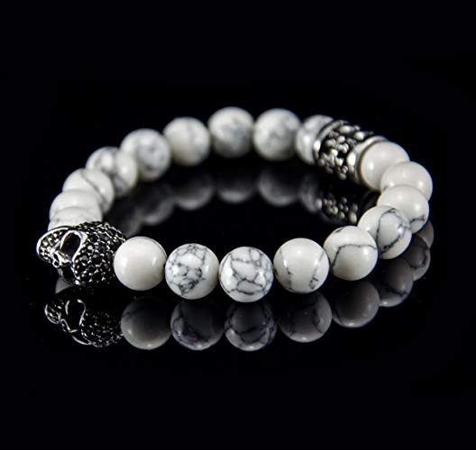 Perlenarmband Weiße Howlith Steine mit Edelstahl Totenkopf und Elemente