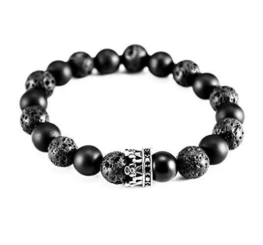 Perlenarmband Onyx und Lava Steine mit eleganter Edelstahl Krone