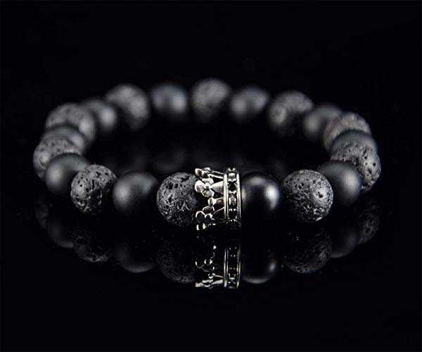 Perlenarmband Onyx und Lava Steine mit eleganter Edelstahl Krone