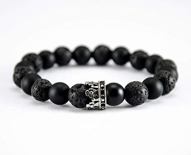 Perlenarmband Onyx und Lava Steine mit eleganter Edelstahl Krone