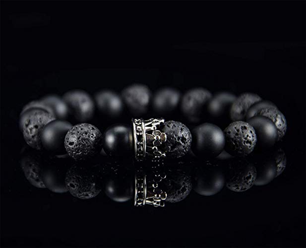 Perlenarmband Onyx und Lava Steine mit eleganter Edelstahl Krone