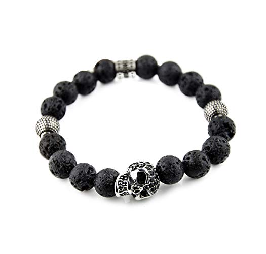 Perlenarmband Lava Steine mit Edelstahl Elementen und Zirconia Totenkopf