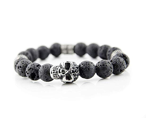 Perlenarmband Lava Steine mit Edelstahl Elementen und Zirconia Totenkopf