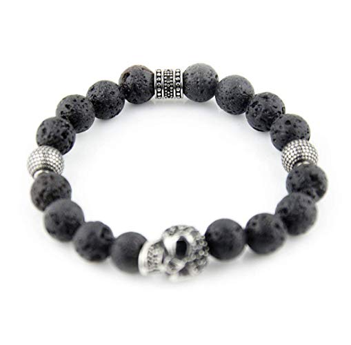 Perlenarmband Lava Steine mit Edelstahl Elementen und Zirconia Totenkopf