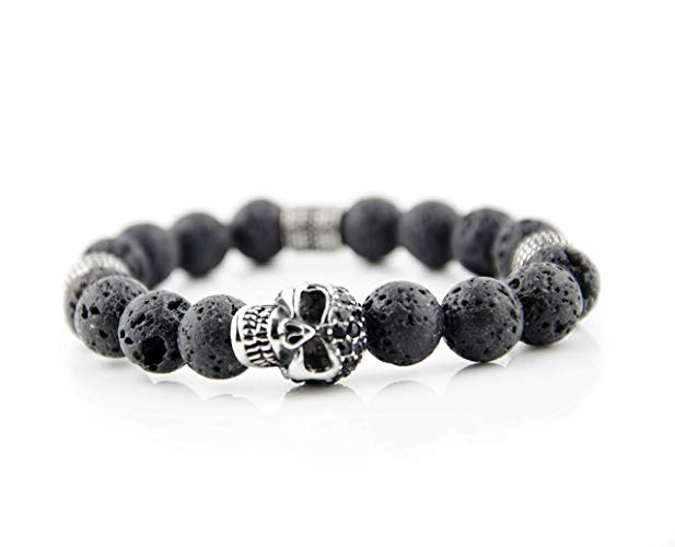 Perlenarmband Lava Steine mit Edelstahl Elementen und Zirconia Totenkopf