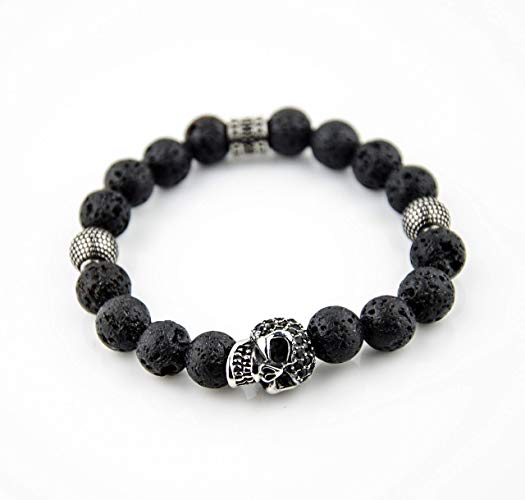 Perlenarmband Lava Steine mit Edelstahl Elementen und Zirconia Totenkopf