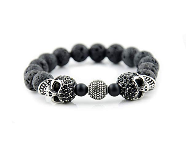 Perlenarmband Lava Steine mit Edelstahl Beads und doppeltem Edelstahl und Zirkonia Totenkopf