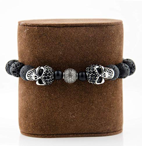 Perlenarmband Lava Steine mit Edelstahl Beads und doppeltem Edelstahl und Zirkonia Totenkopf