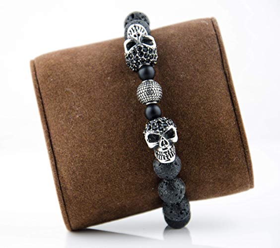 Perlenarmband Lava Steine mit Edelstahl Beads und doppeltem Edelstahl und Zirkonia Totenkopf